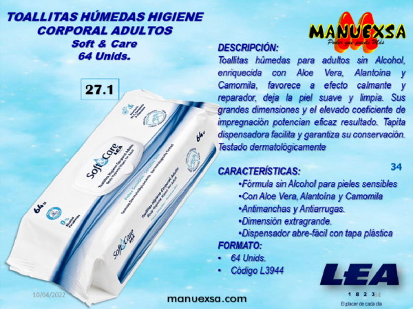 TOALLITAS HUMEDAS HIGIENE CORPORAL ADULTO X 64 Unidades - Manuexsa